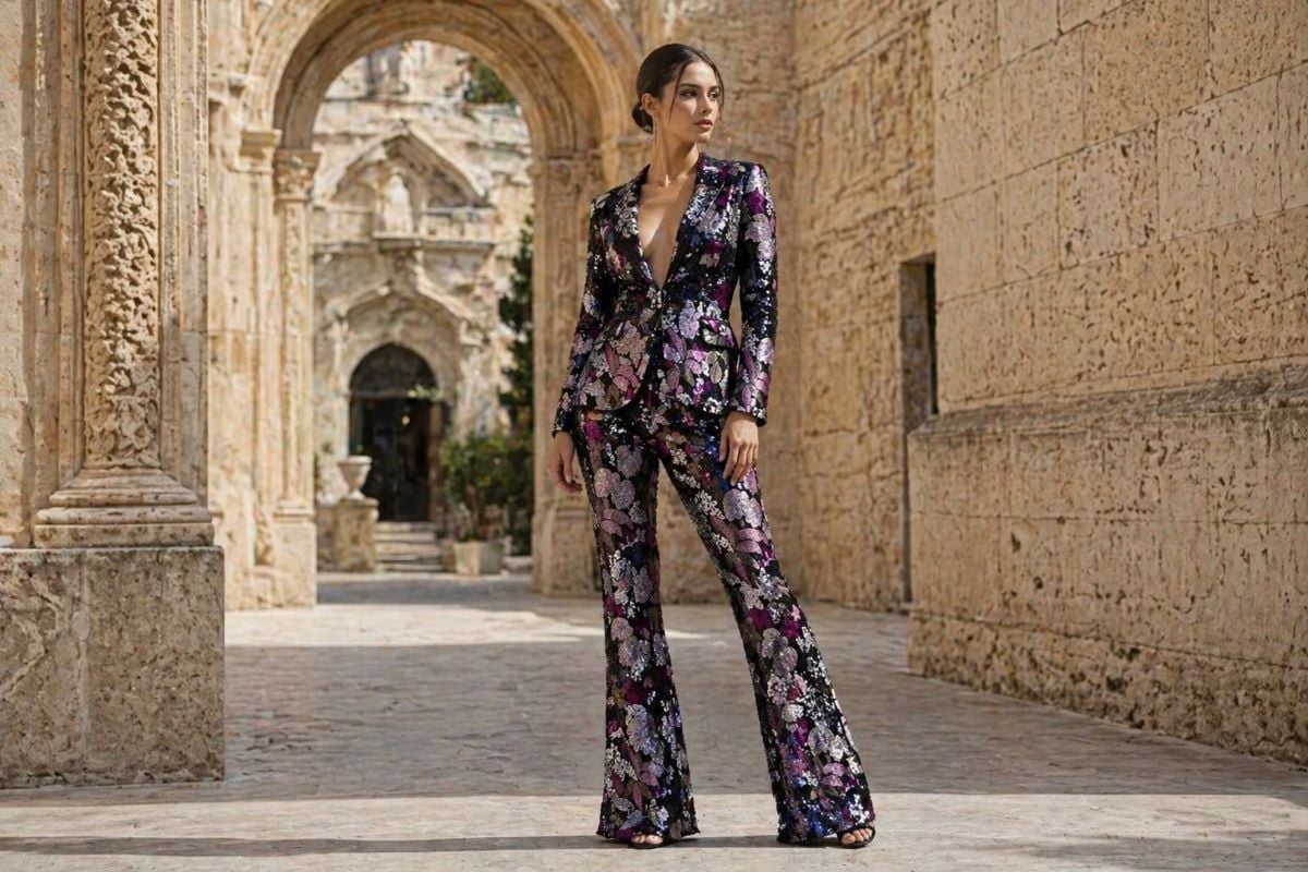 black floral sequin blazer and flared pants suit
