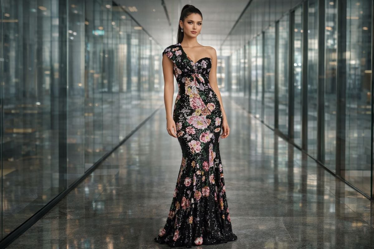 Black floral sequin mermaid evening gown with one-shoulder design