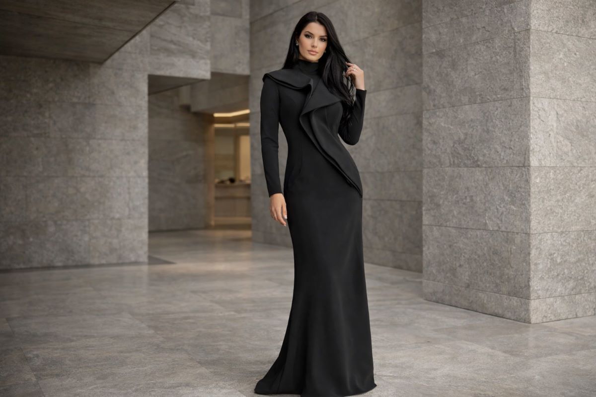 Black long sleeve high neck formal evening gown