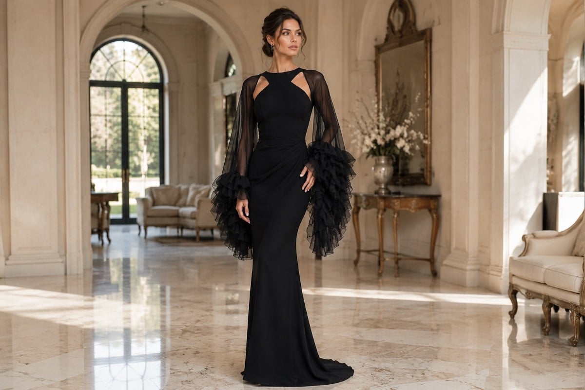 Black geometric sleeve evening gown editorial