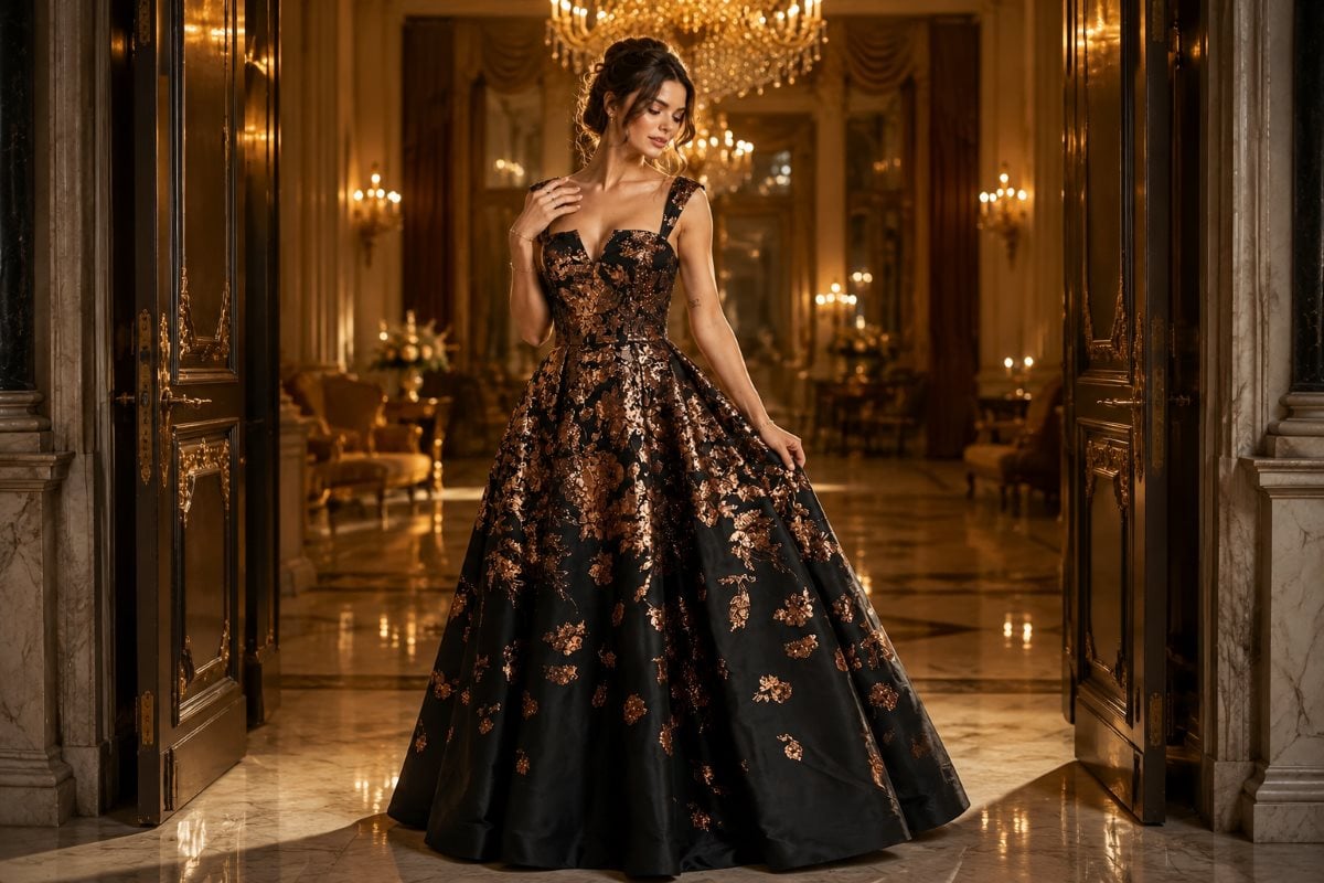 Elegant black gold embroidered ball gown