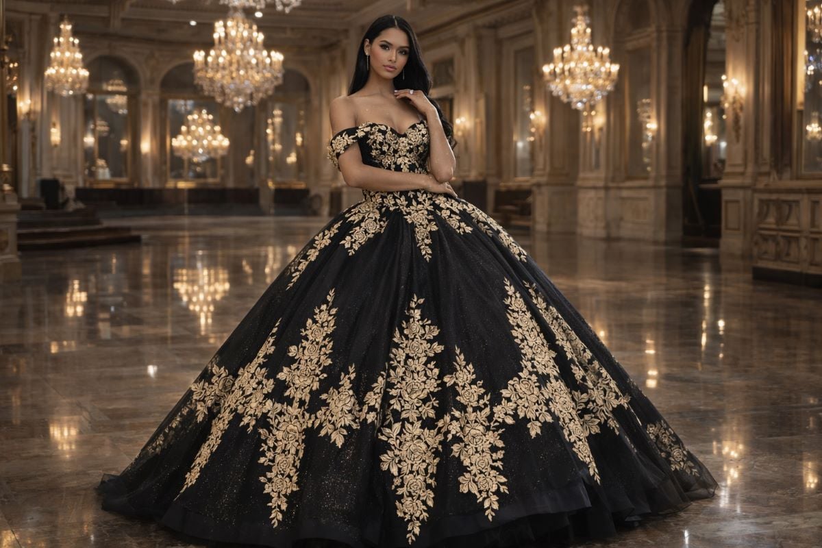 Black and gold embroidered ball gown for formal quinceanera guest