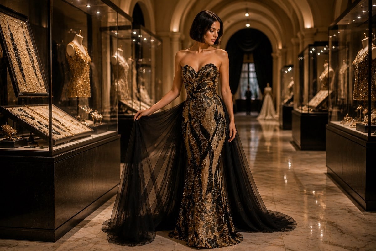 Black gold couture beaded evening gown