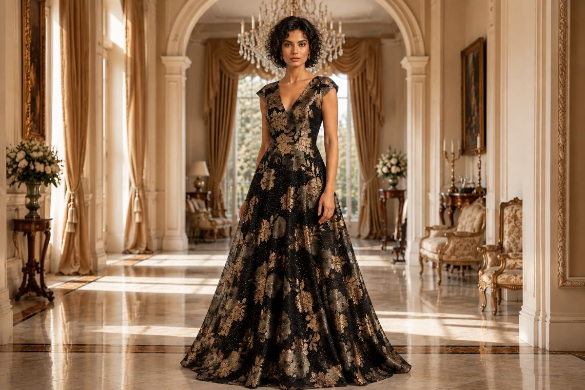 Black and gold floral A-line evening gown