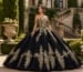 Black quinceañera ball gown with gold floral embroidery