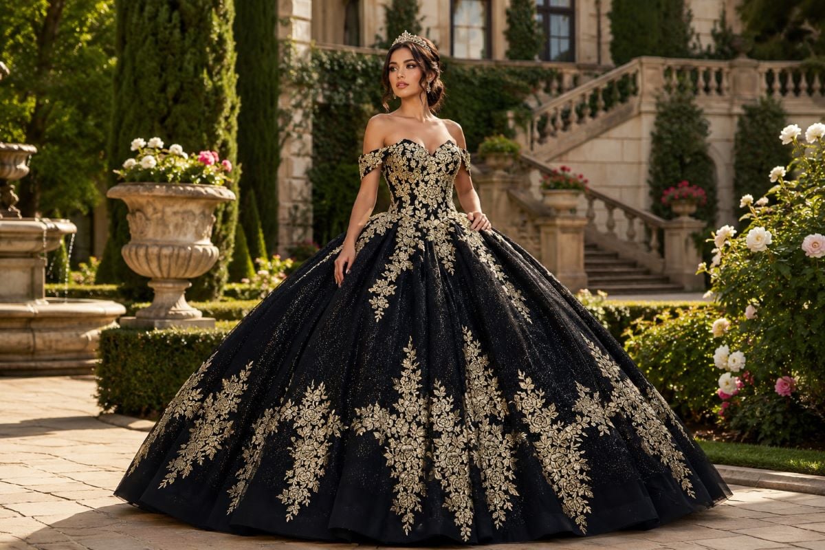 Black quinceañera ball gown with gold floral embroidery