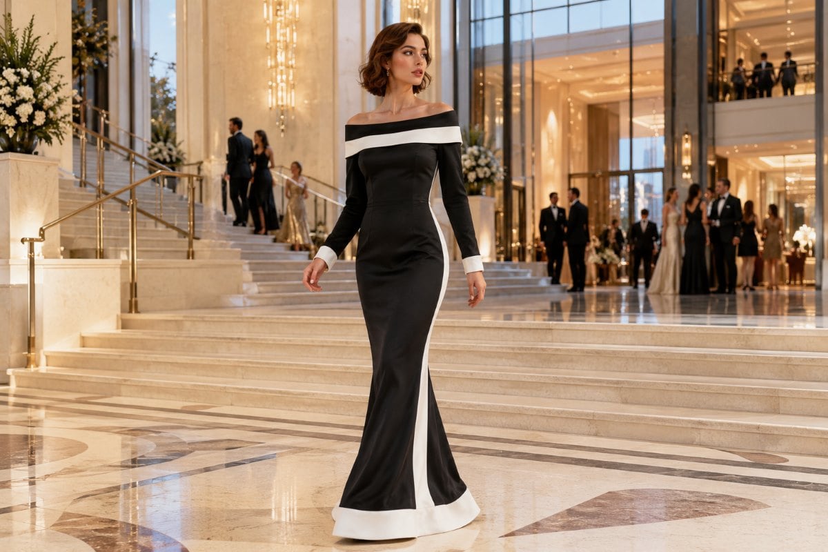 Black gown with elegant white accents