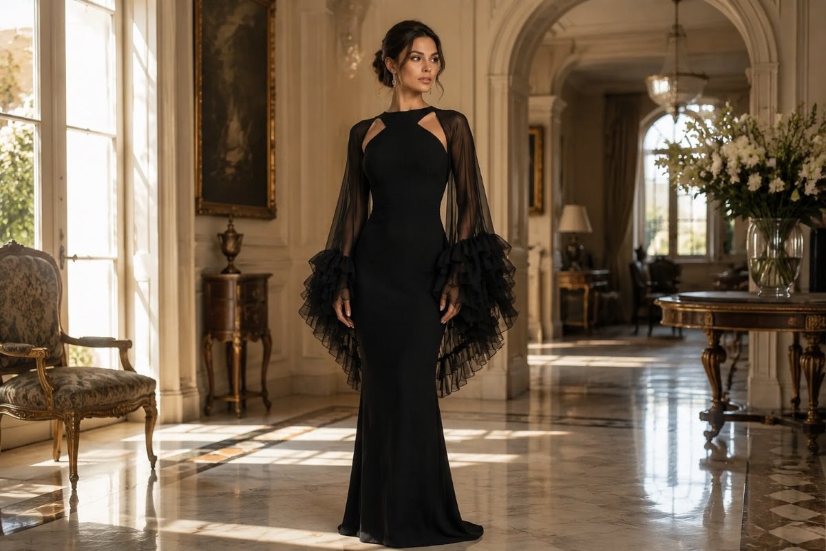 Black halter gown ruffle sleeves