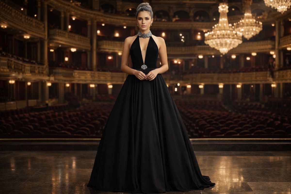Black halter gown with crystal neckline and full skirt