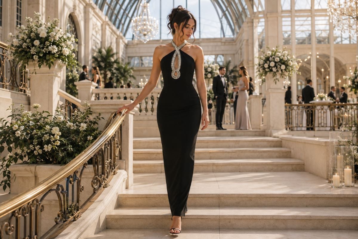 Black halter formal wedding guest gown