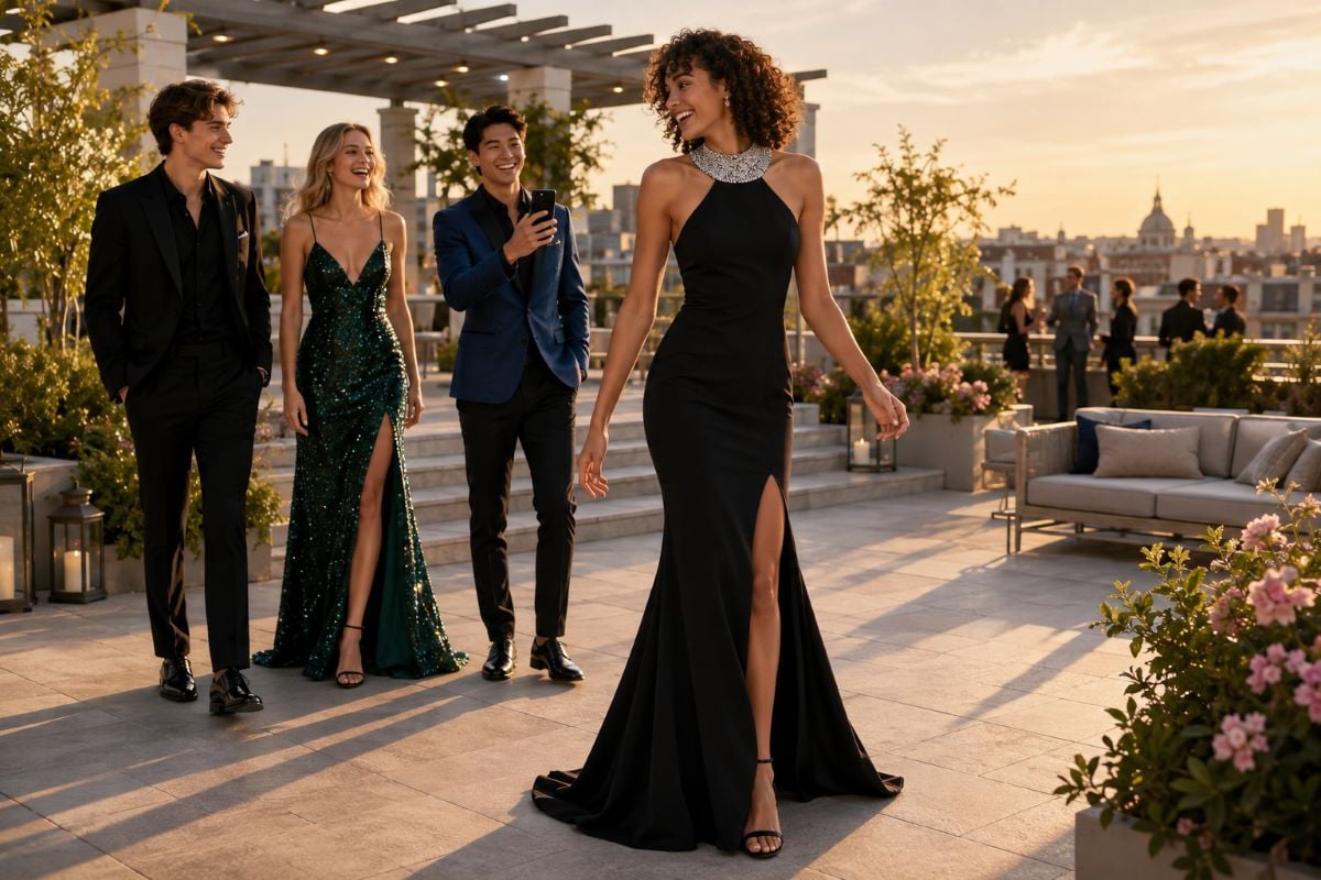 Black halter prom gown with friends