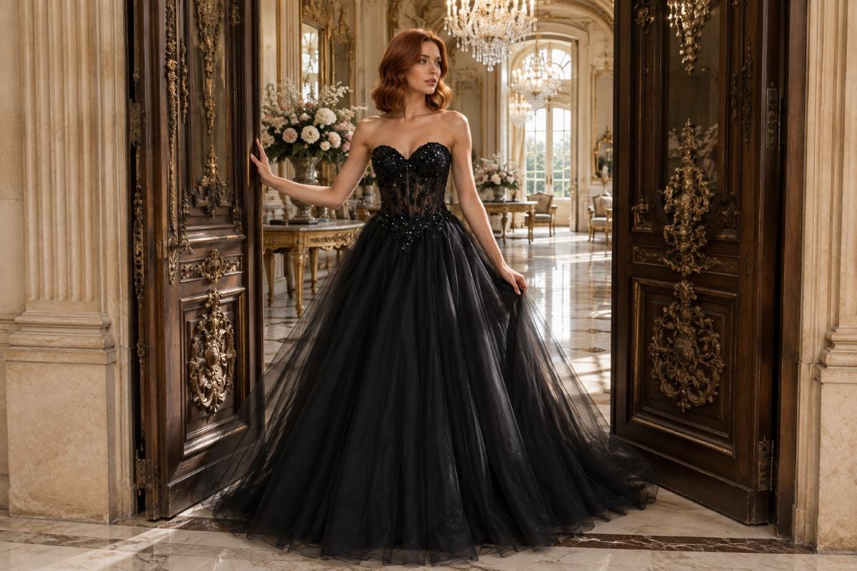 Black illusion corset ball gown editorial