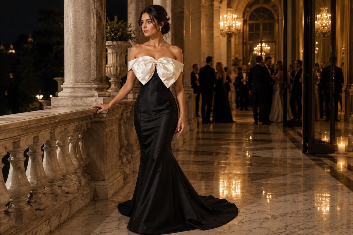 Black and ivory satin formal mermaid gown