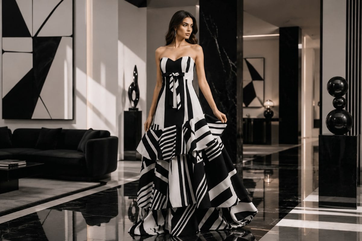 Black and ivory tiered waistline evening gown