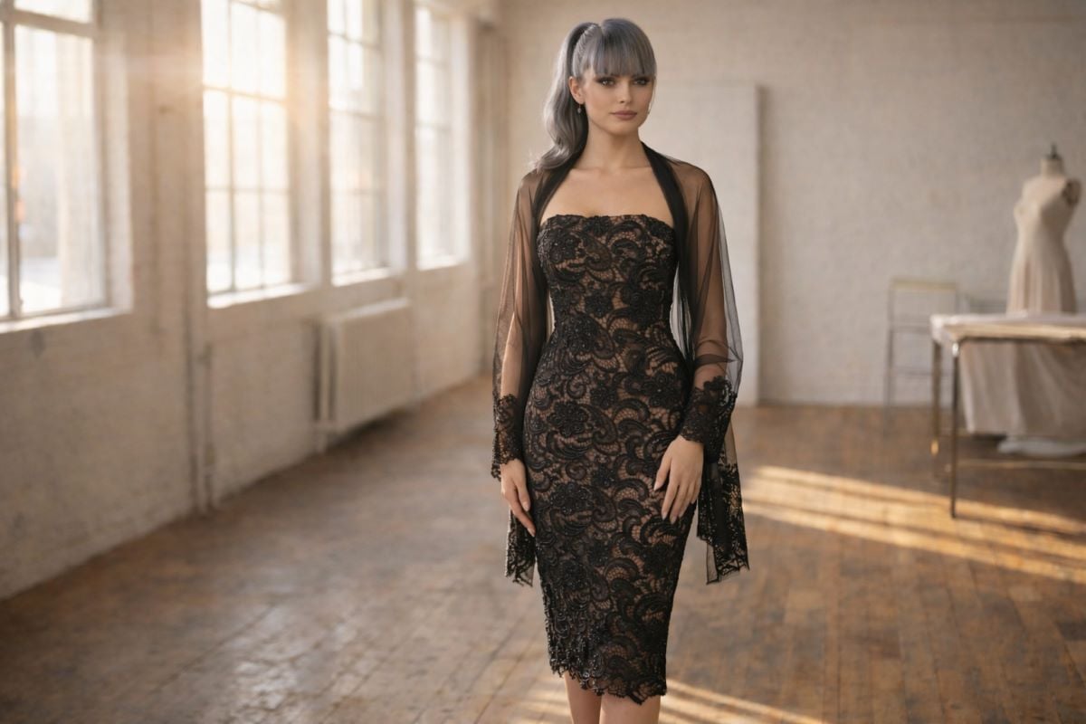 black strapless lace fitted evening dress with sheer overlay