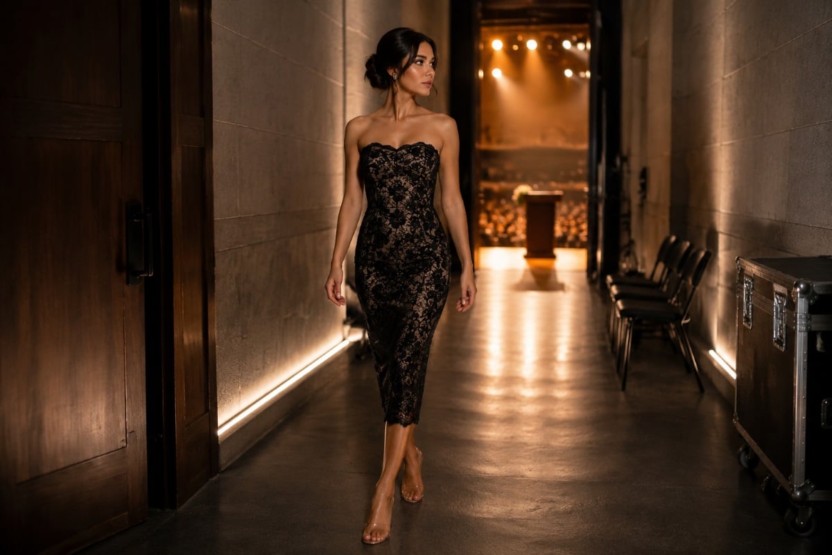 Black lace strapless midi backstage moment