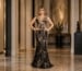 Black lace evening gown with nude base and 3D floral appliqué bodice