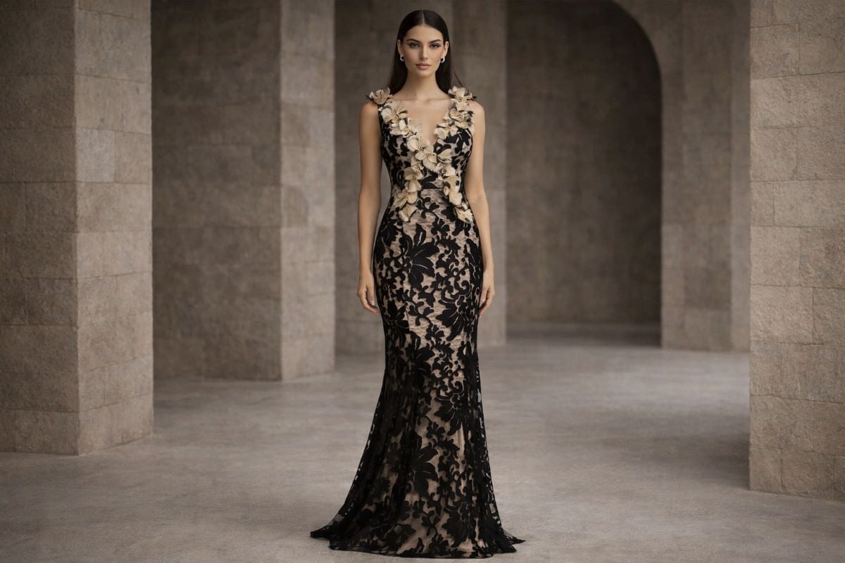 Black lace nude mermaid gown with deep V neckline