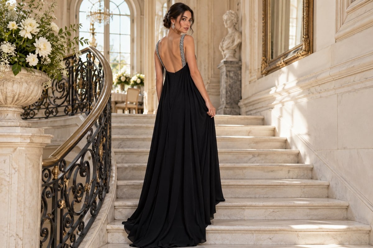 Black low back crystal strap gown