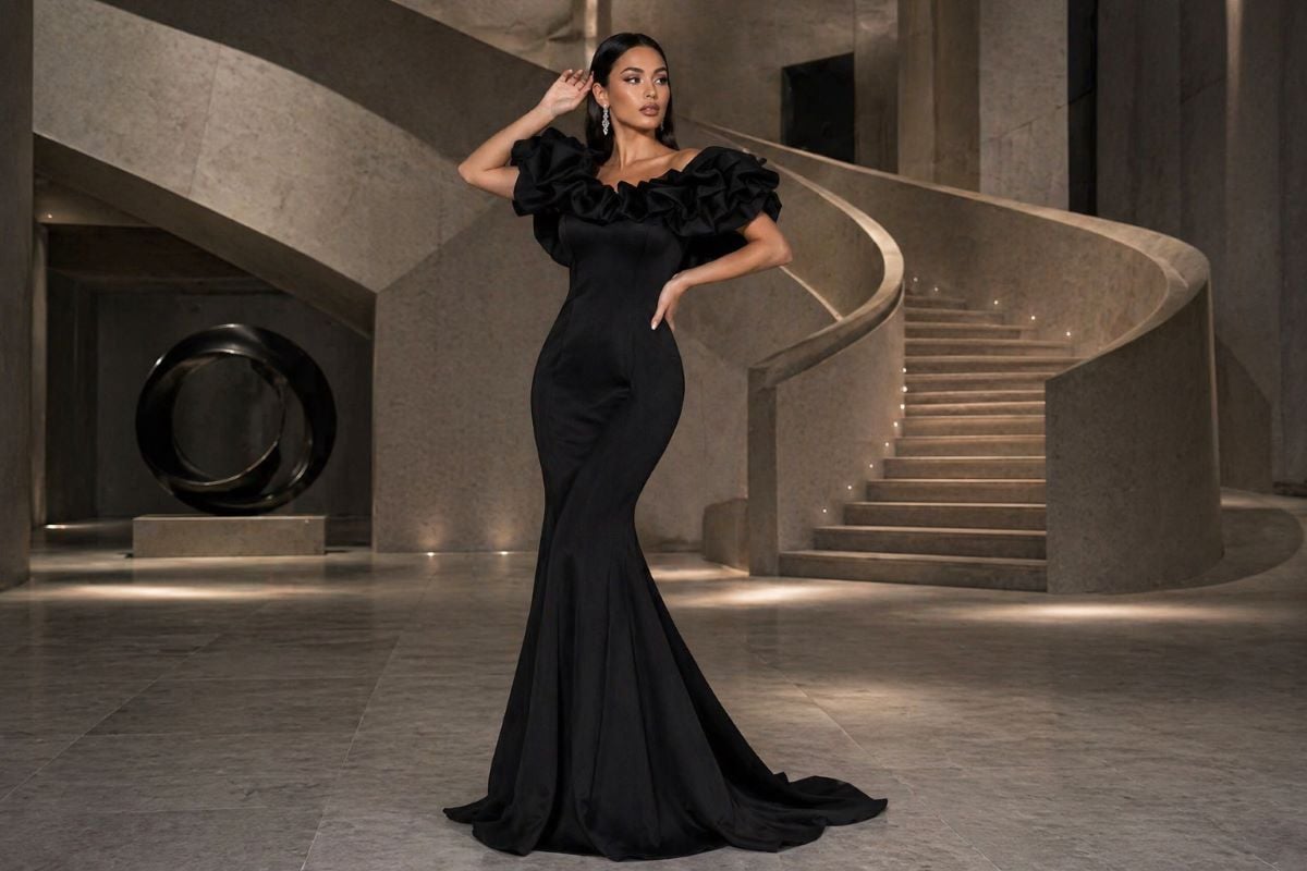 black mermaid gown with ruffled neckline