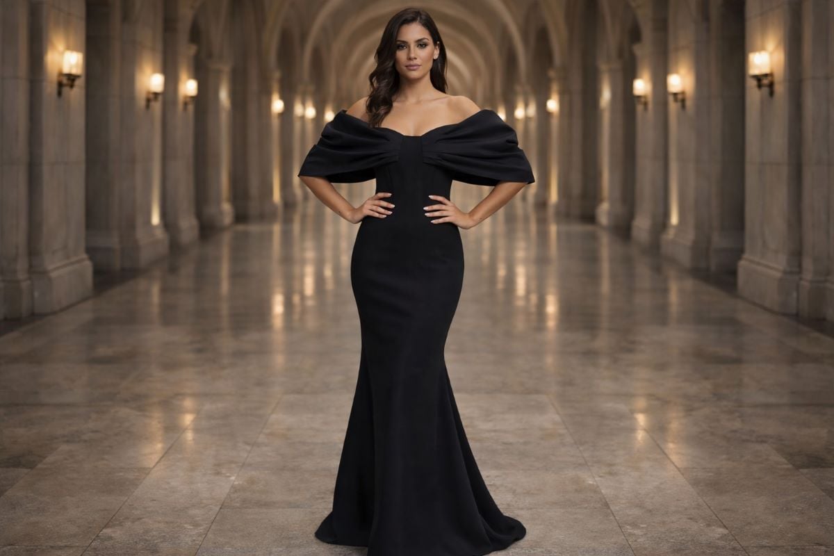 Black off shoulder mermaid gown