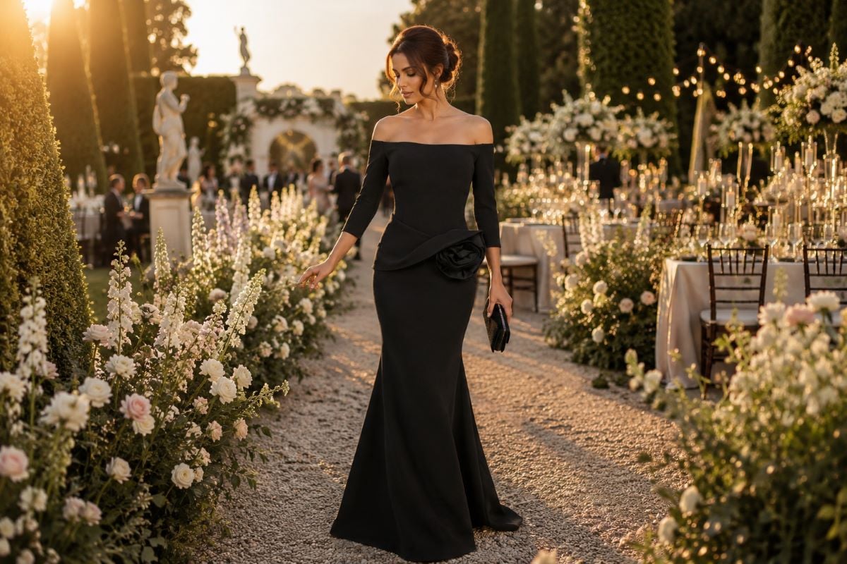 Black mermaid gown wedding guest elegance