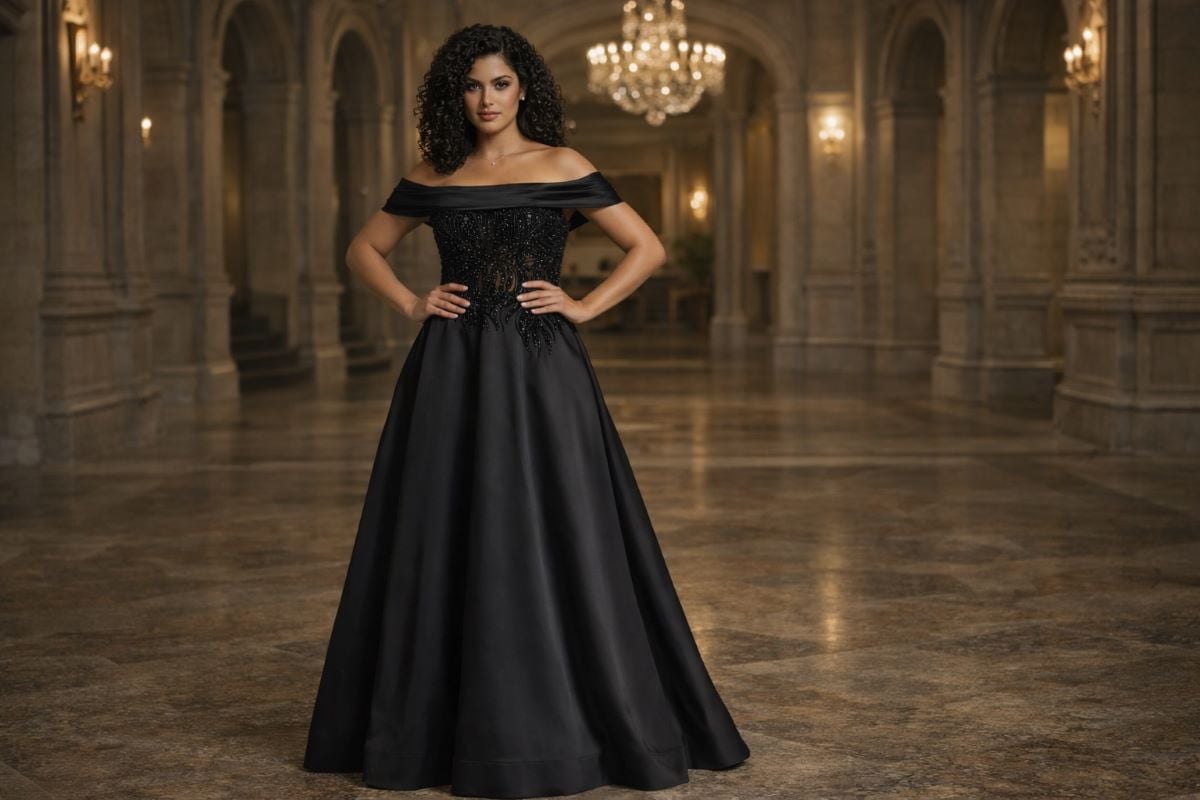 Black off-shoulder A-line evening gown