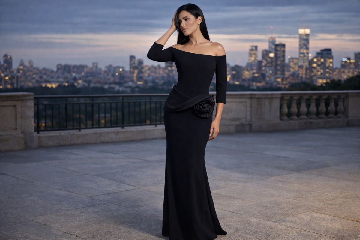 Black off-shoulder gown with fitted silhouette