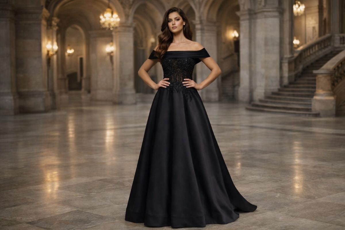 black off shoulder evening gown with embellished bodice