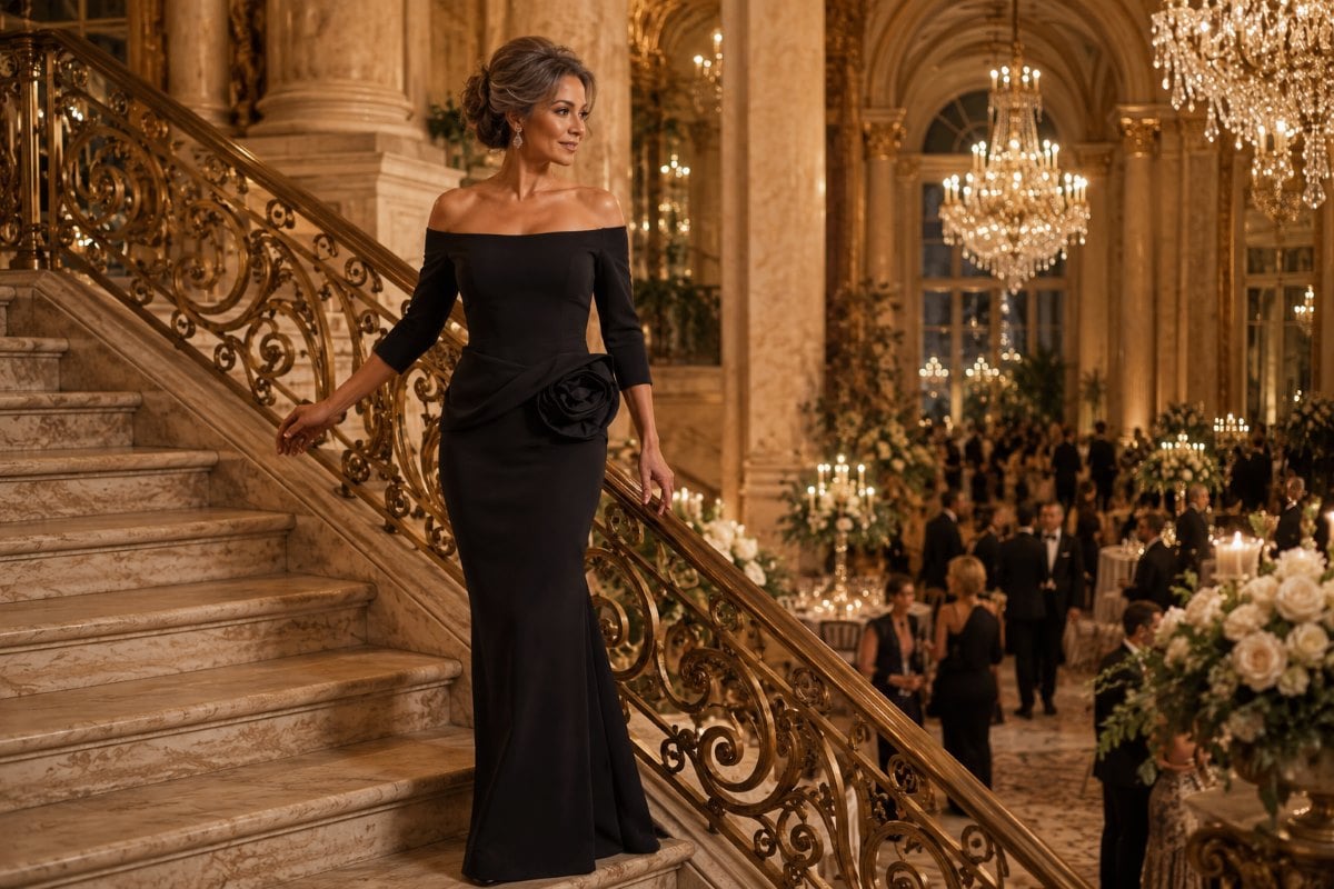 Black off shoulder formal evening gown
