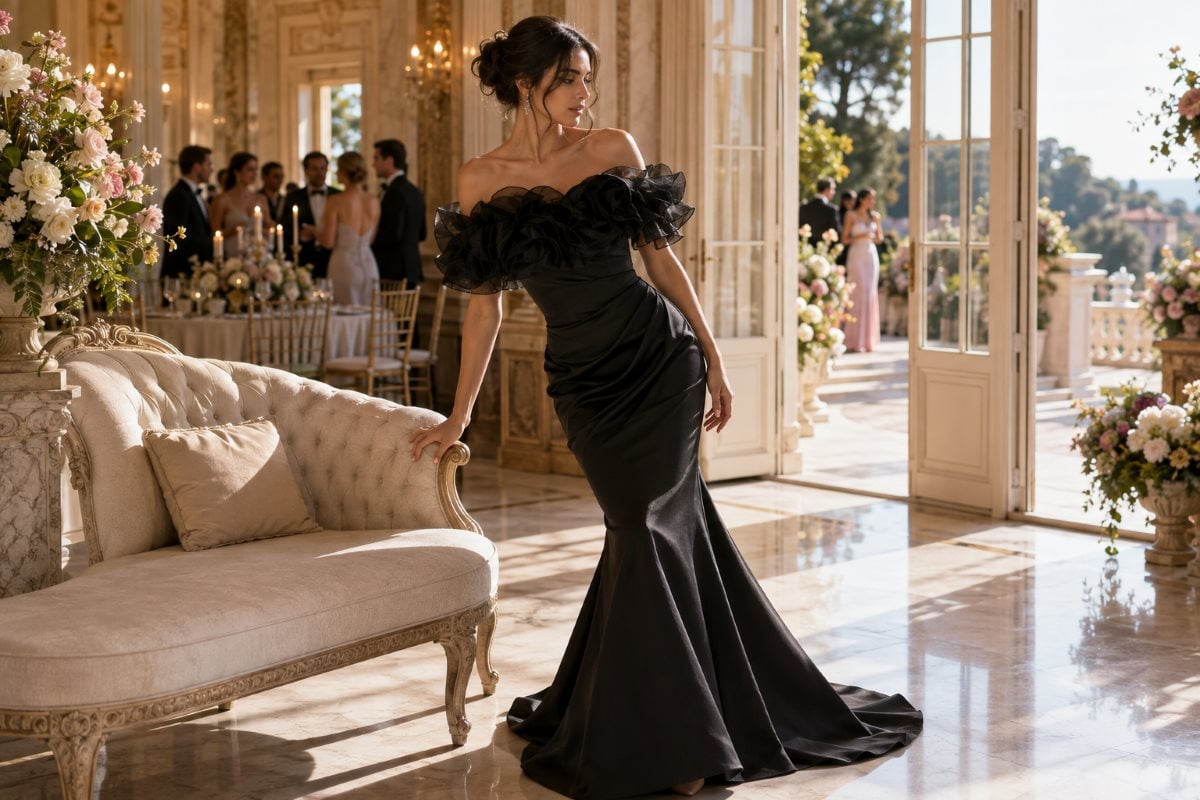 Black off shoulder summer wedding gown