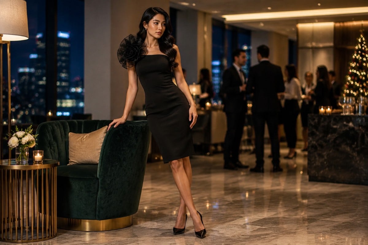 Black one-shoulder knee-length floral dress
