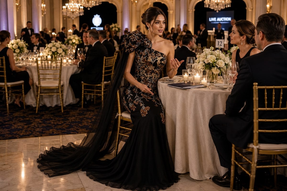 Black embroidered one shoulder charity auction gown