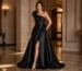 Black one shoulder satin A line prom gown with slit and floral detail