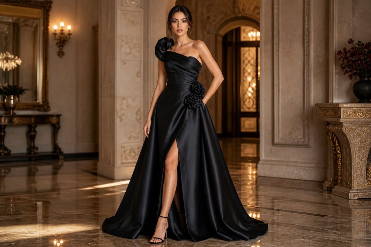 Black one shoulder satin A line prom gown with slit and floral detail