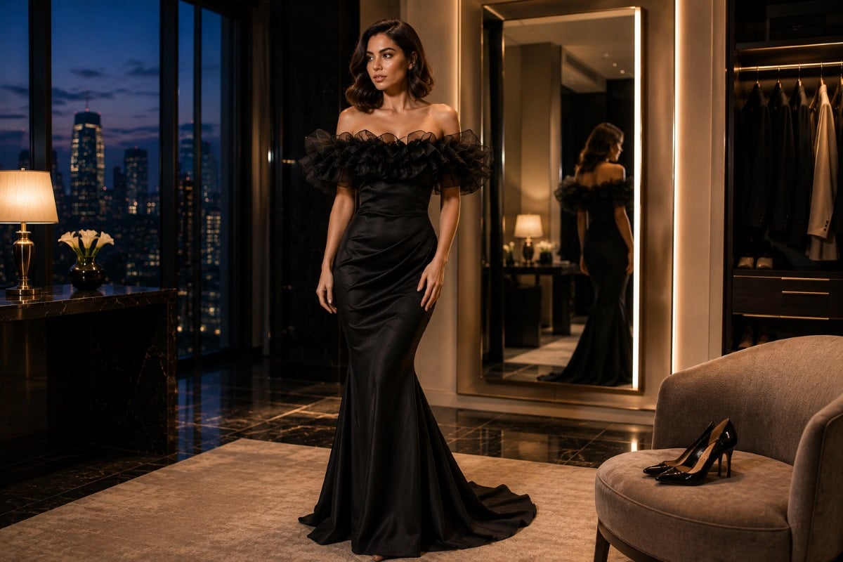 Black satin mermaid gown during desk to gala transition