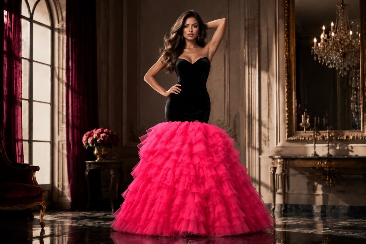 Bold black pink couture fashion dress