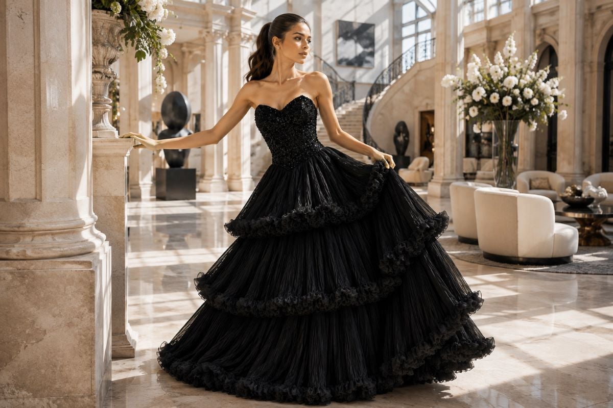 Black pleated ball gown editorial fashion