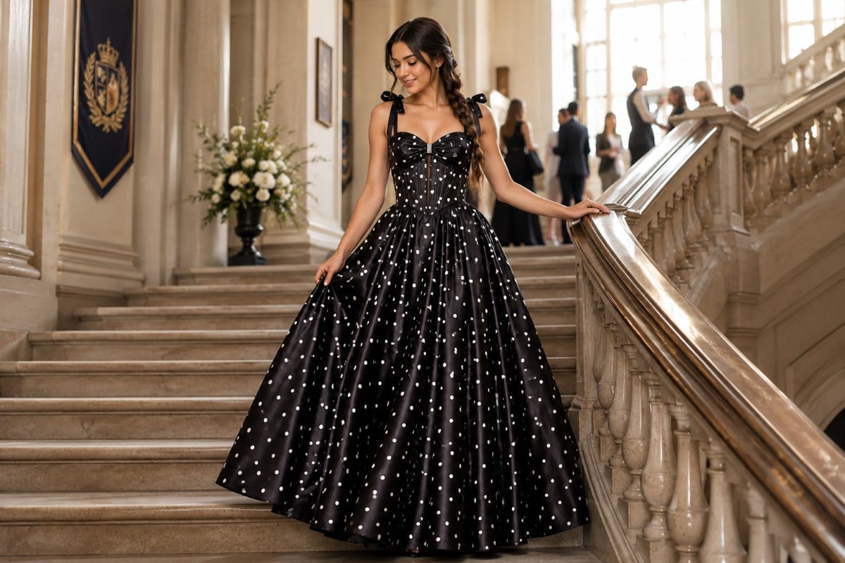 Black polka dot A-line graduation gown