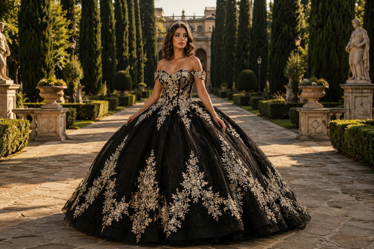 Black Quinceañera ball gown with silver floral embroidery in royal garden