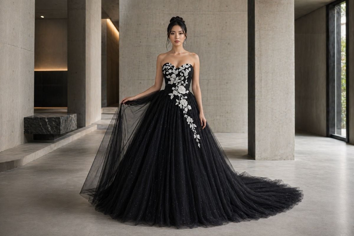 Black ball gown with white floral appliqué