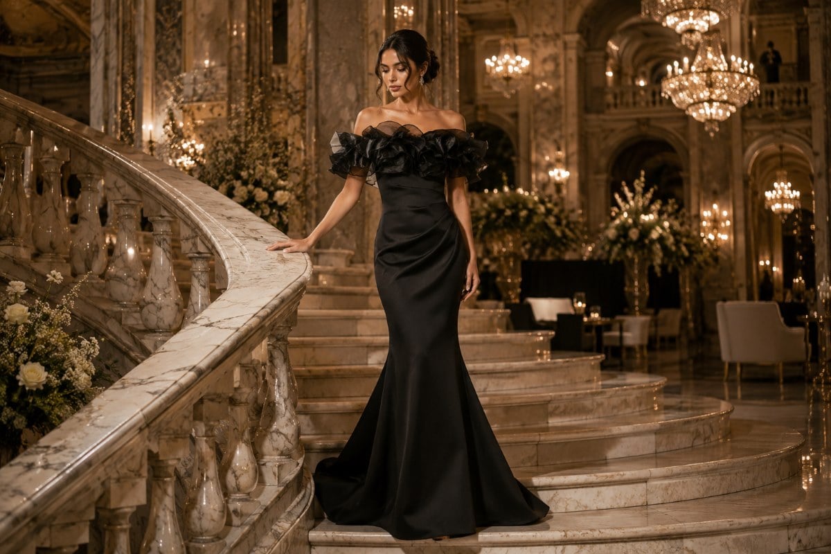 Black ruffle mermaid gown formal wedding guest