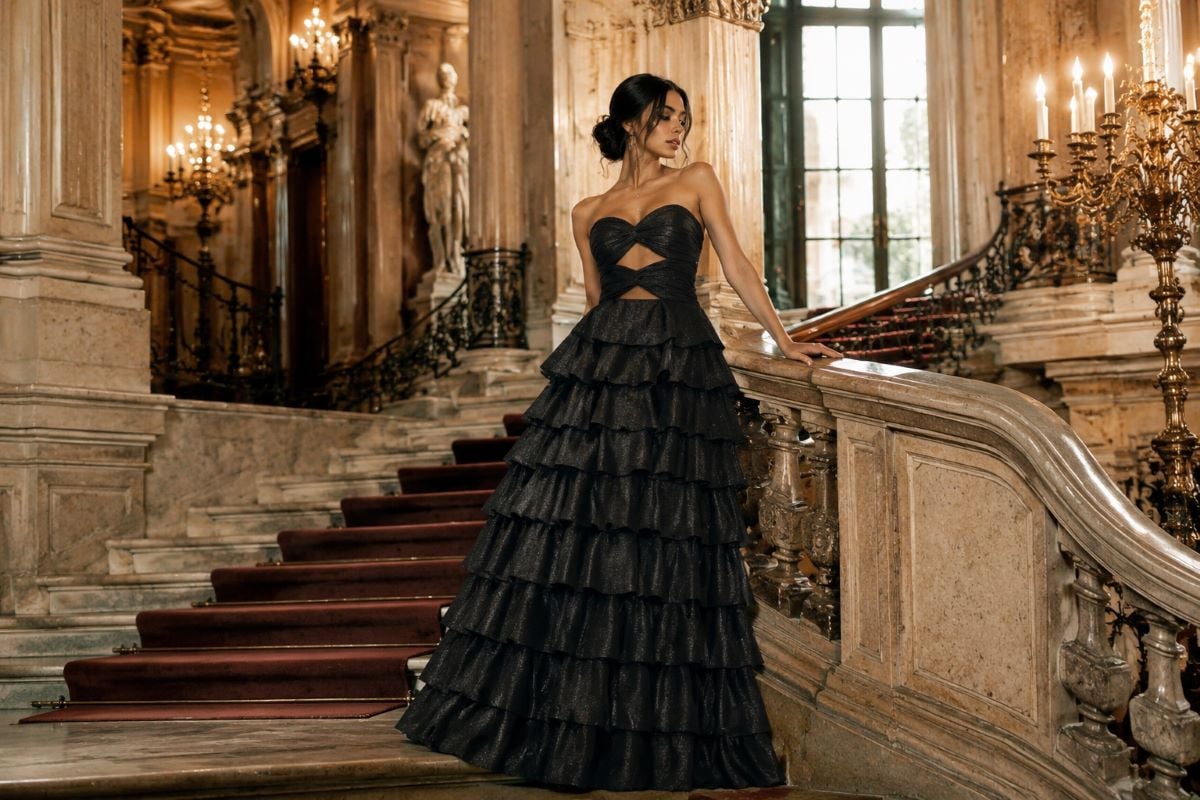 Black ruffle prom gown editorial full body