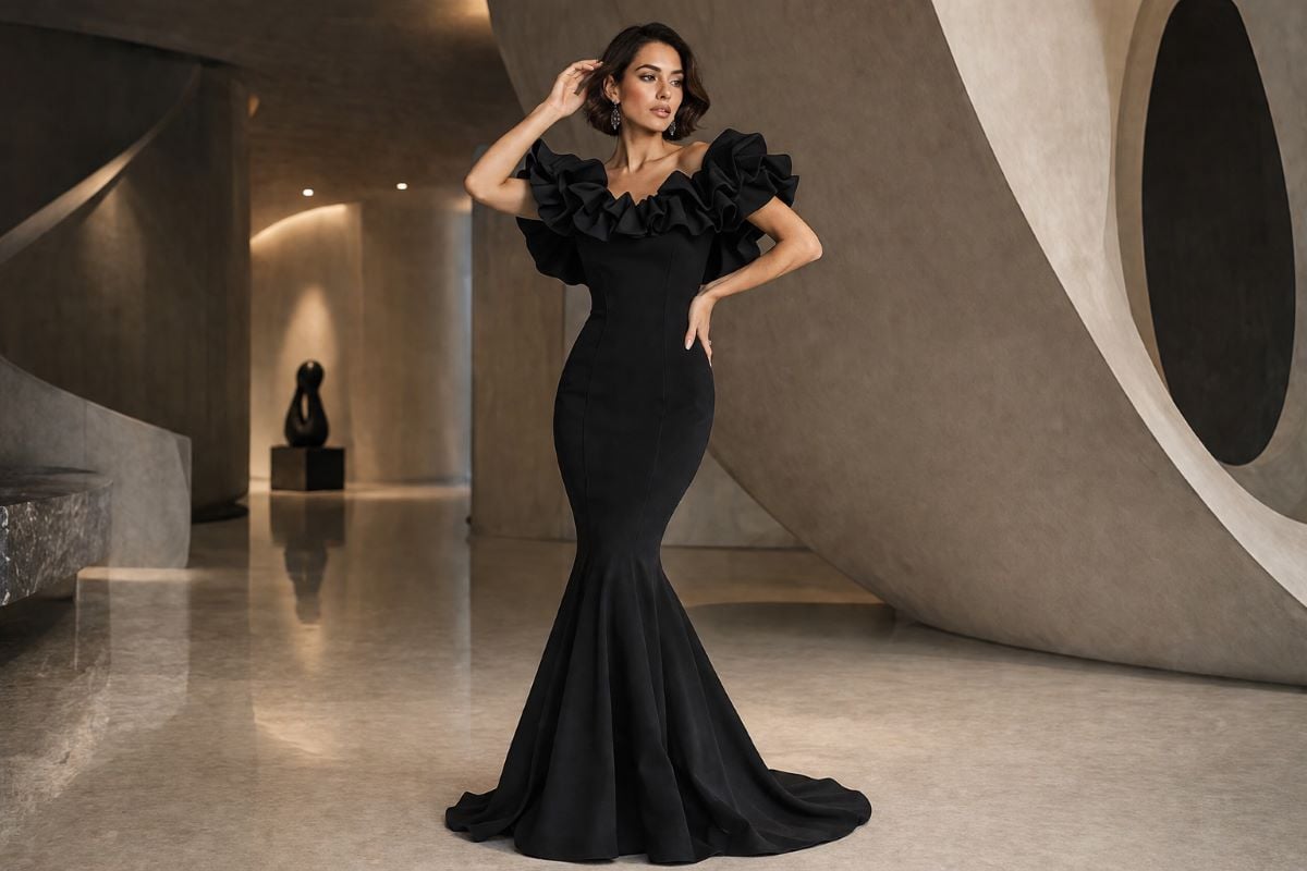 black mermaid gown with ruffled neckline and fitted silhouette