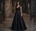 black satin A-line evening gown with beaded cap sleeves