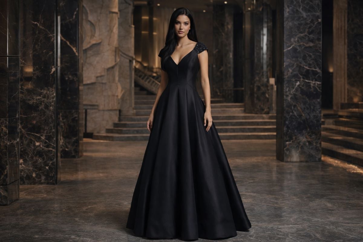 black satin A-line evening gown with beaded cap sleeves