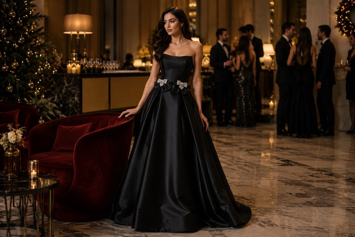 Black satin A-Line gown with waist bows