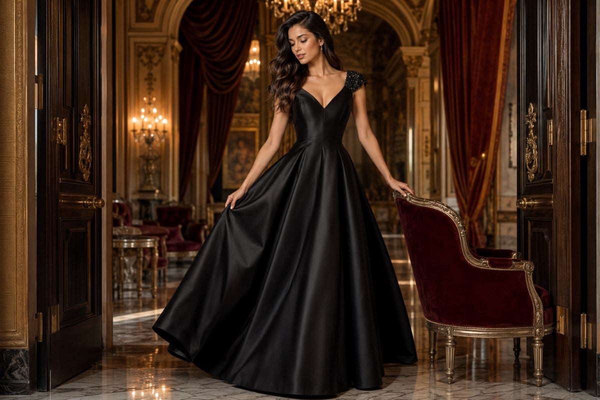 Elegant black satin ball gown editorial