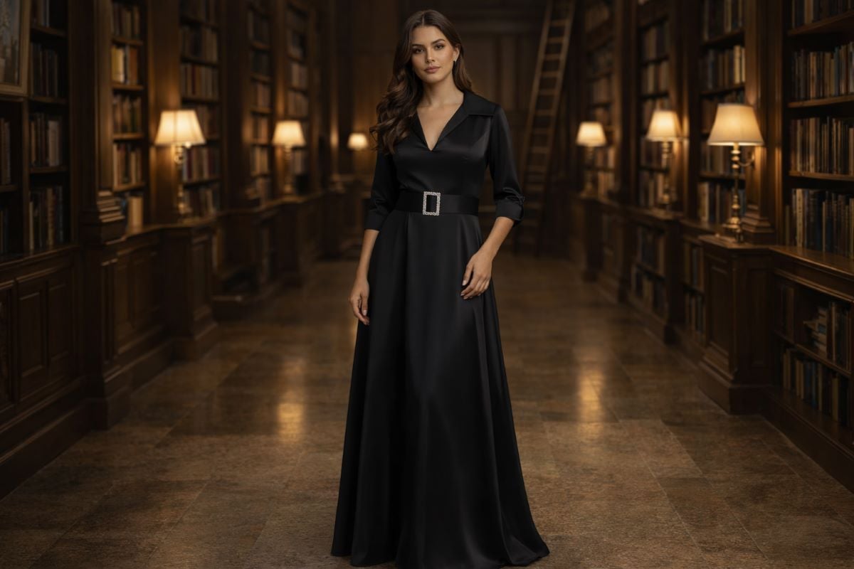 Black satin A-line evening gown
