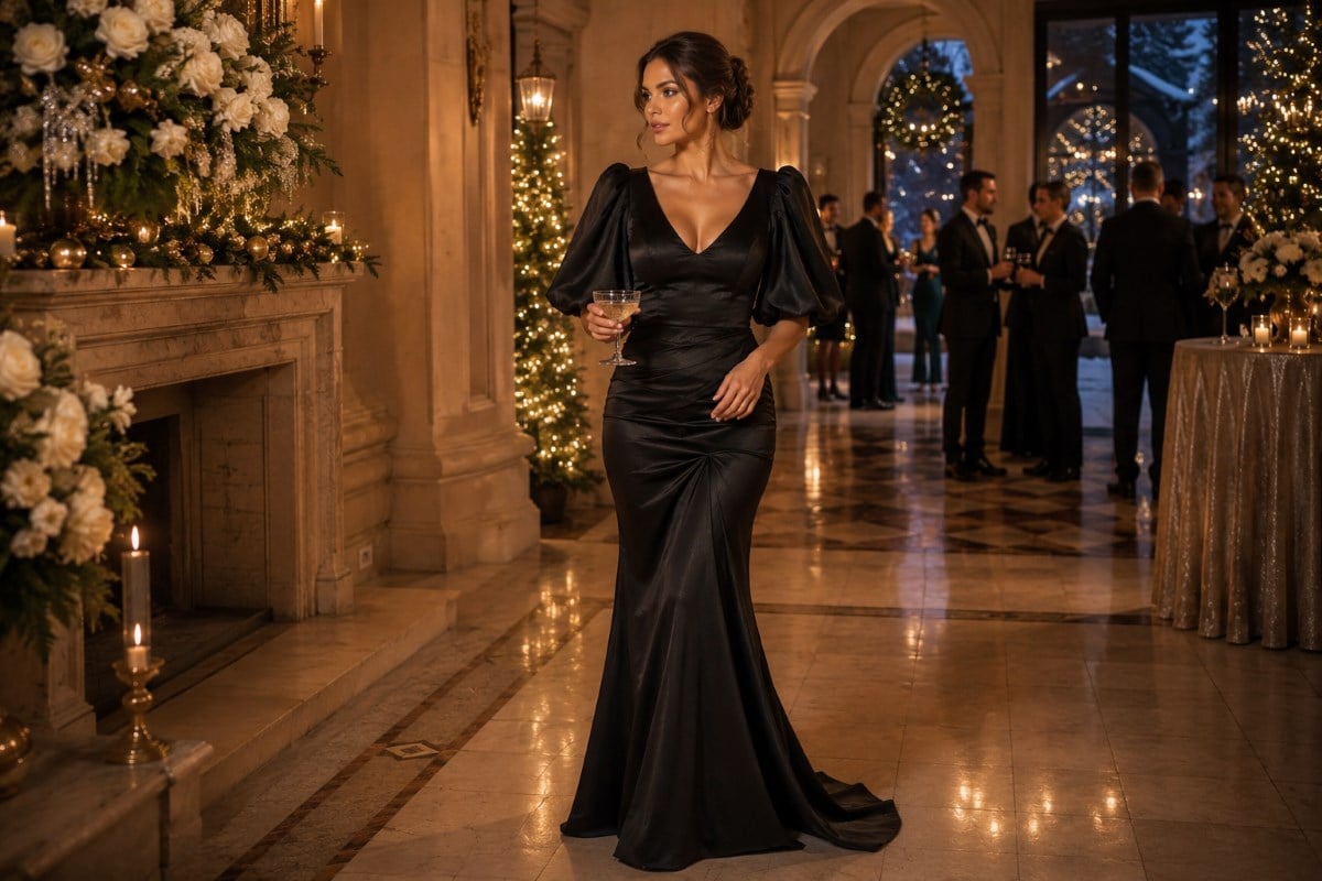 Black satin gown at executive holiday celebration